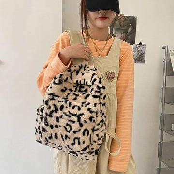 Qfdian Personality Fashion Leopard Fluffy Rucksack Y2k Preppy Casual Harajuku Backpack High-capacity Vintage Grunge Students Schoolbags